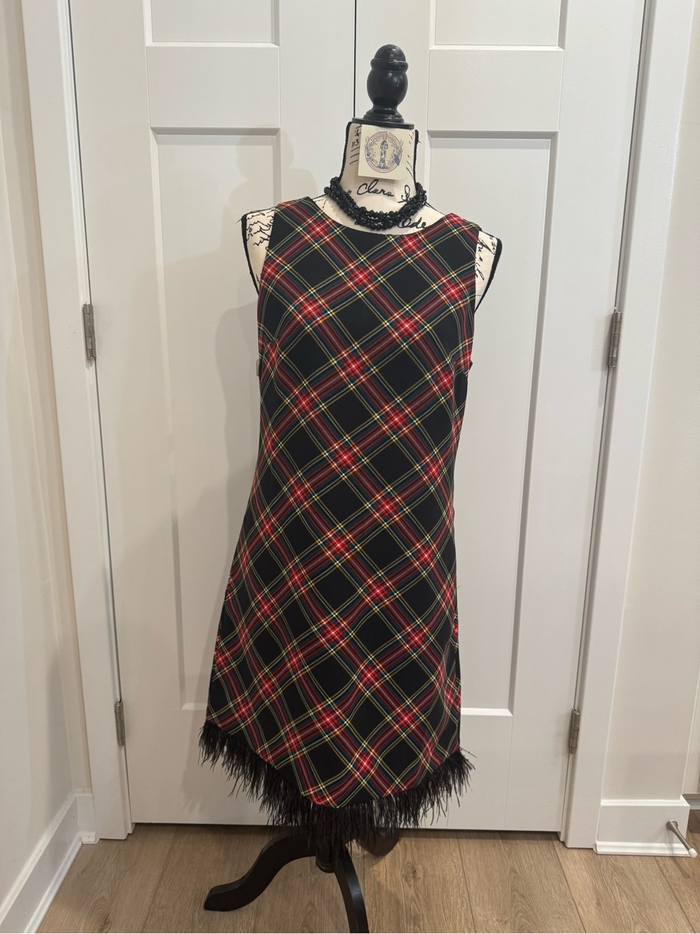 NEW J Crew Dress Womens 6 Plaid Feather Trim Shift Sleeveless Holiday Party